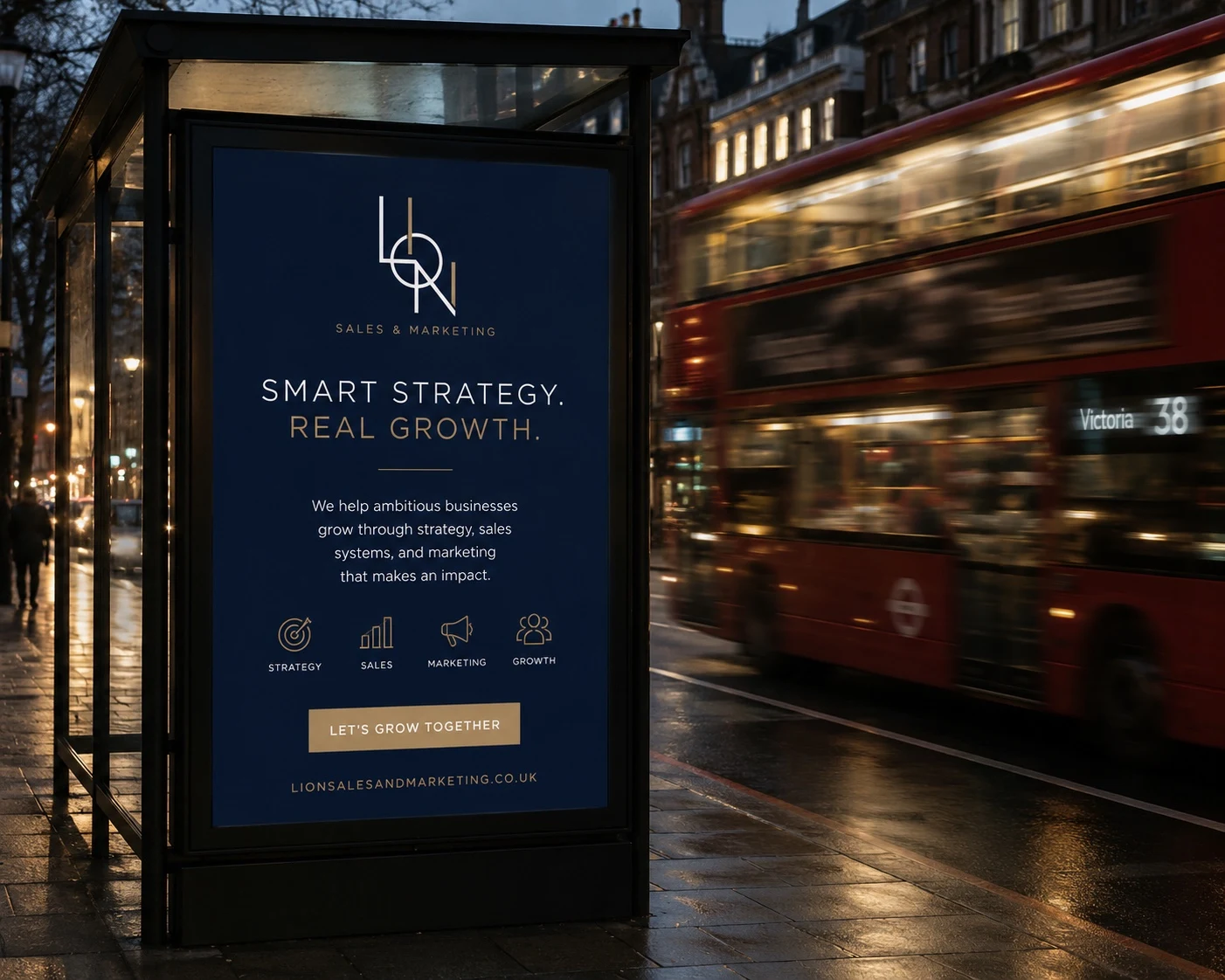 LION advertising concept displayed on a bus shelter at dusk