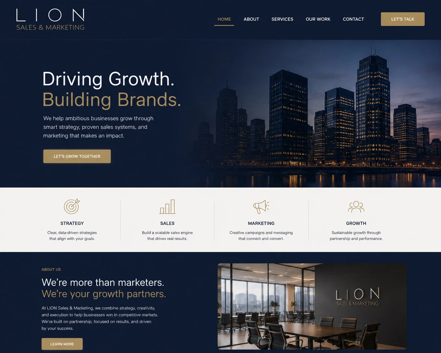 LION website concept using navy and gold branding with the heading Driving Growth, Building Brands