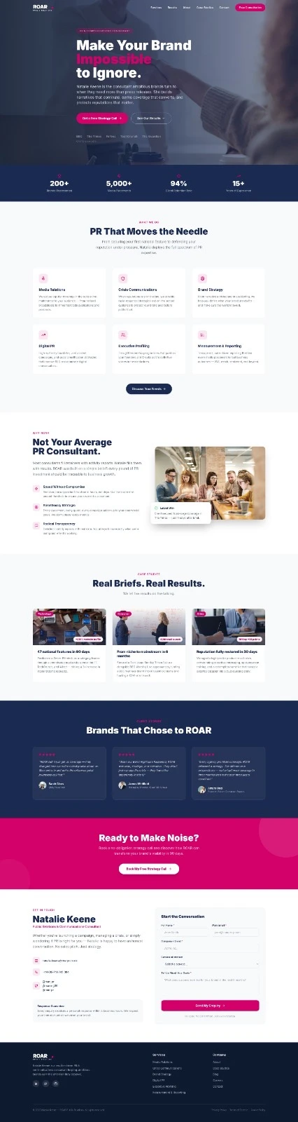 ROAR website concept using navy and magenta branding with the heading Driving Growth, Building Brands